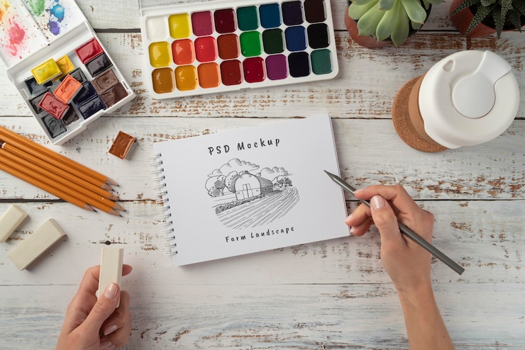 PSD disposizione del laboratorio dell'artista con mock-up di blocco note