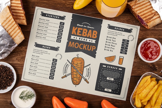 Disposizione piatta del menu di kebab gustoso