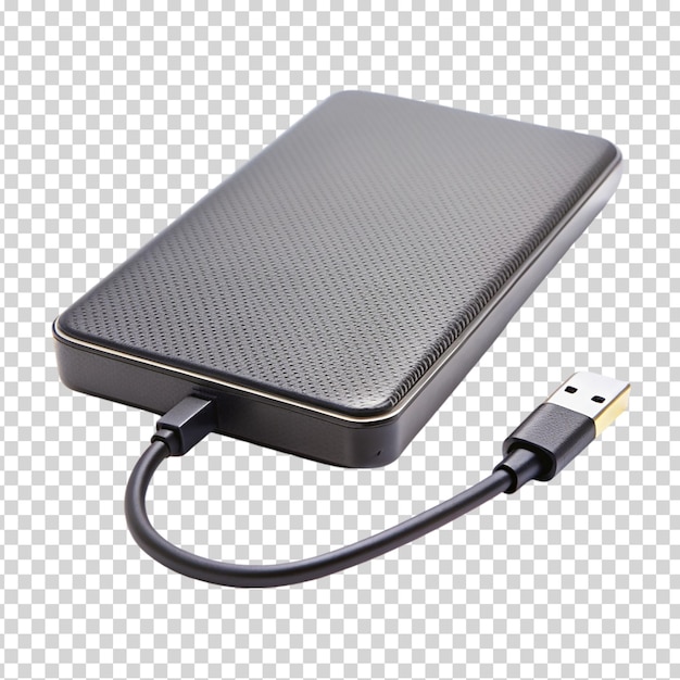 PSD un disque dur noir et argenté avec un câble branché sur un fond transparent