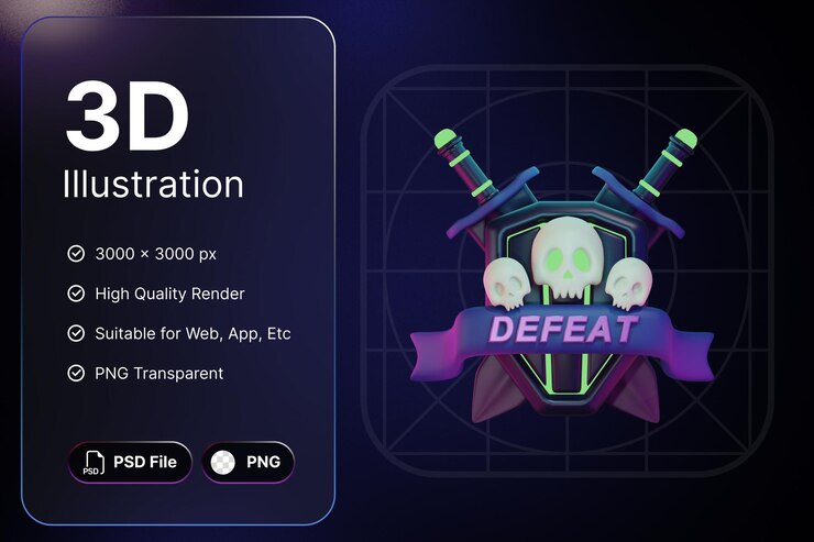 Distintivo de renderização 3D para derrotar objetos de jogo para aplicativos de design moderno e Web