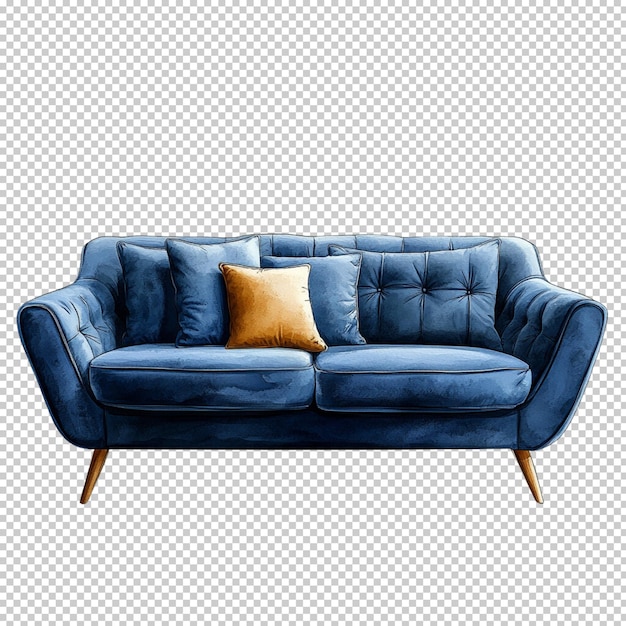 Divano blu con cuscini divano blu soffice isolato su sfondo trasparente