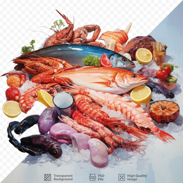 PSD divers types de fruits de mer et de poissons exposés sur la glace au marché au poisson