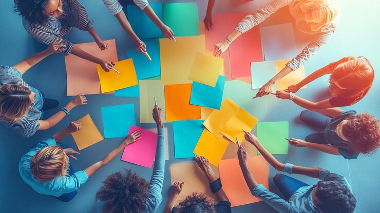PSD diversas mujeres colaboran en una tormenta de ideas en notas adhesivas coloridas durante una reunión de equipo