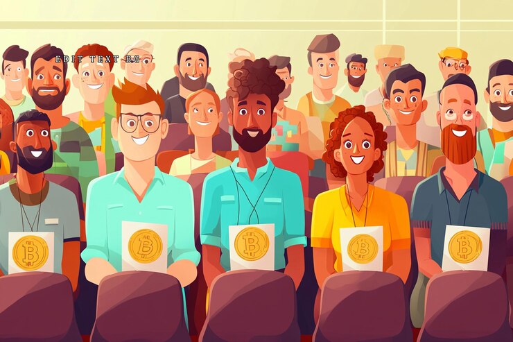 PSD diverse group of people attending a bitcoin conference holding certificates
