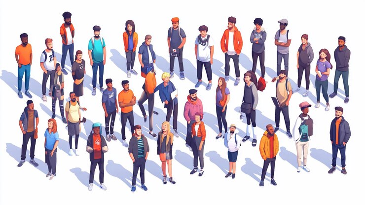PSD diverse group of young adults standing together viewed from above