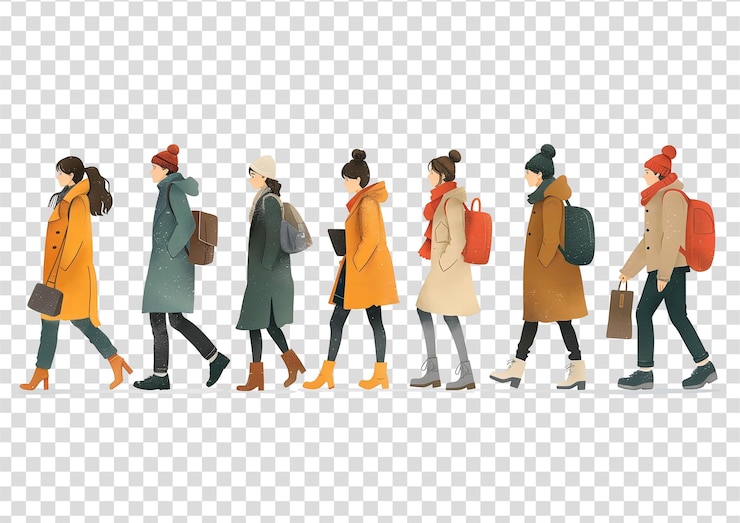 PSD diverse illustrazioni a mano di persone che camminano su uno sfondo trasparente