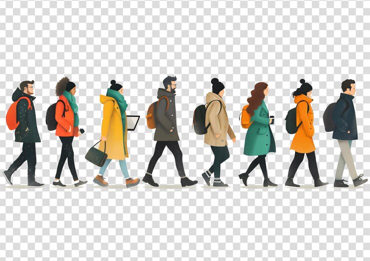 PSD diverse illustrazioni a mano di persone che camminano su uno sfondo trasparente