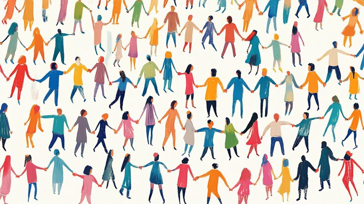 PSD diverse persone che si tengono per mano formando un grande cerchio che simboleggia l'unità e la comunità
