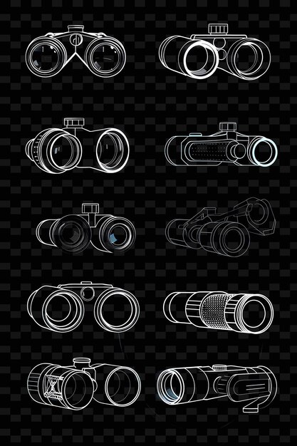 PSD diverses icônes binoculaires avec une aura lumineuse et un panneau au néon png iconic y2k shape art decorativel