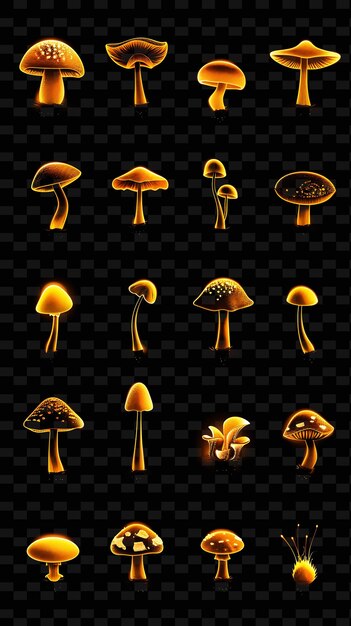 PSD diverses icônes de champignons avec une aura lumineuse et un ensemble de styles en ligne png iconic y2k shape art decorativee