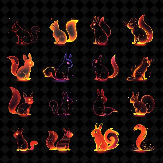 Diverses icônes d'écureuil avec une aura lumineuse et un jeu créatif de pixels 16 bits Neon Color Y2K Collection
