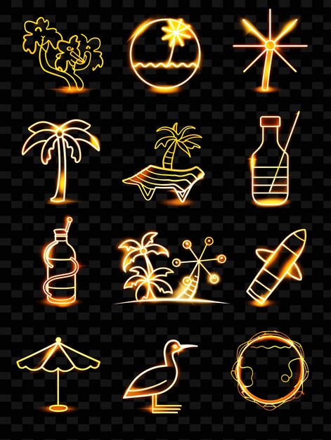 PSD diverses icônes de plage avec une aura lumineuse et un style pixelé set png iconic y2k shape art decorativee