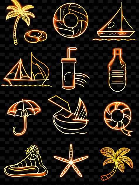 PSD diverses icônes de plage avec une aura lumineuse et un style pixelé set png iconic y2k shape art decorativee