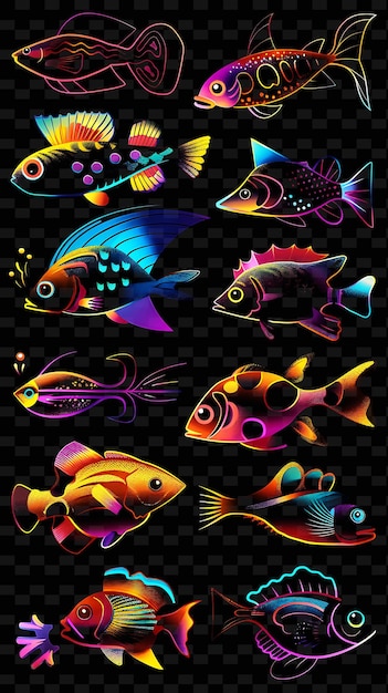 PSD diverses icônes de poissons avec une aura lumineuse et 8 bits arcane st set png iconic y2k shape art decorativey