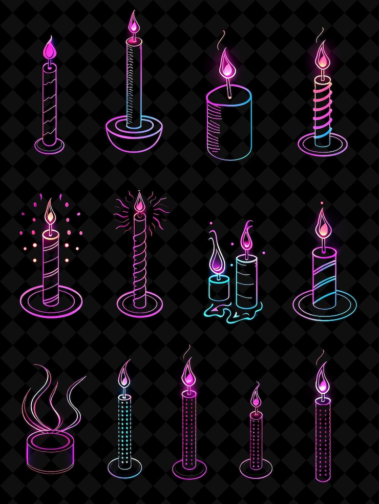 PSD diversi modelli di candela, icone con effetto scintillante in creative set neon color y2k collection