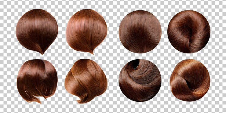 PSD diversi stili e texture di capelli marroni su uno sfondo trasparente