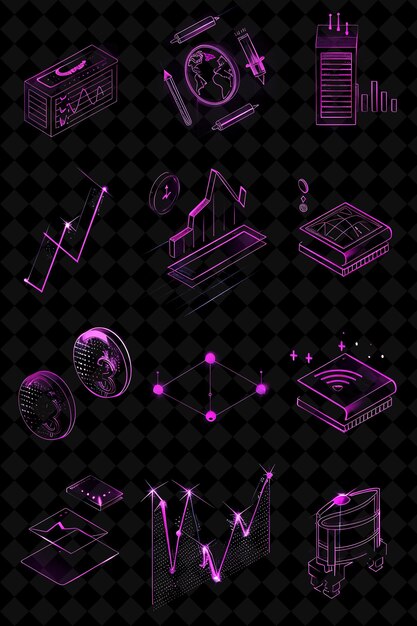 Diversi tutorial di trading con icone con effetto scintillante in 8 set creativi Neon Color Y2K Collection