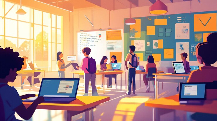 PSD diversos estudiantes trabajando en computadoras portátiles en un aula moderna y brillante la luz del sol entra a través de grandes ventanas