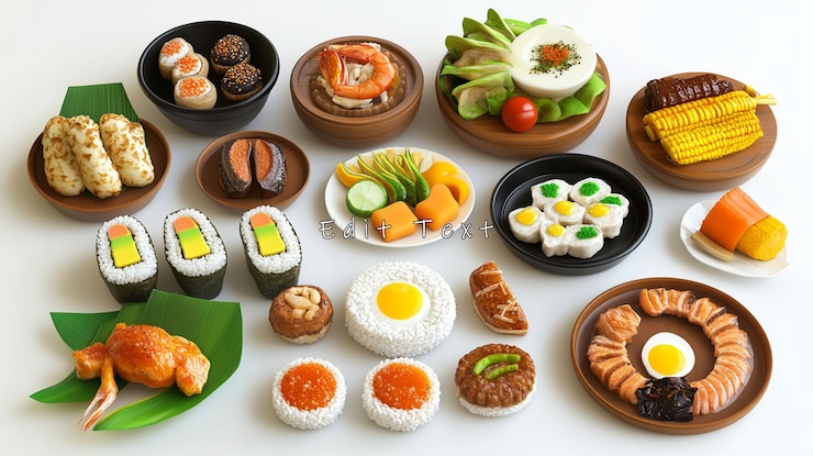 PSD diversos platos de la cocina asiática sushi dim sum arroz mariscos verduras