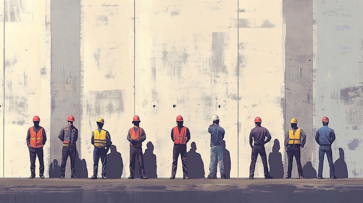 PSD diversos trabajadores de la construcción se paran en una fila contra una gran pared de hormigón lanzando sombras
