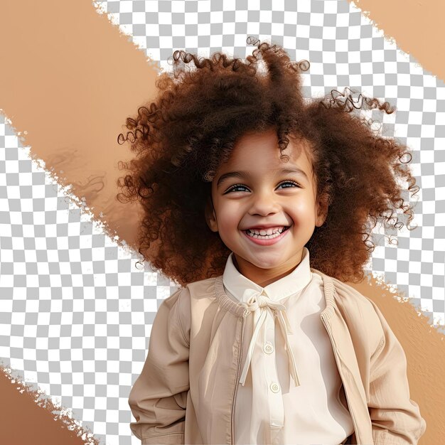 Una divertida niña toddle con pelo rizado de etnia africana vestida con atuendo de curador posa en un estilo inclinado contra una pared sobre un fondo de color crema pastel