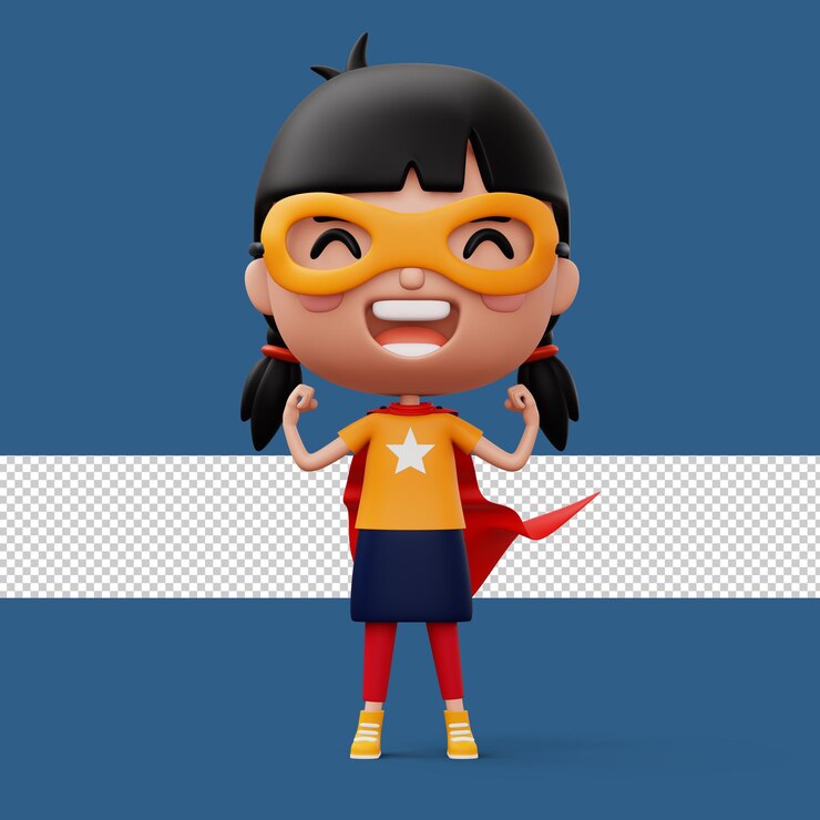 PSD divertido niño superhéroe de pequeño poder en un concepto de niño héroe de ropa de héroe representación 3d