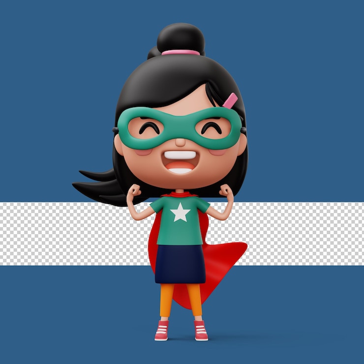 PSD divertido niño superhéroe de pequeño poder en un concepto de niño héroe de ropa de héroe representación 3d