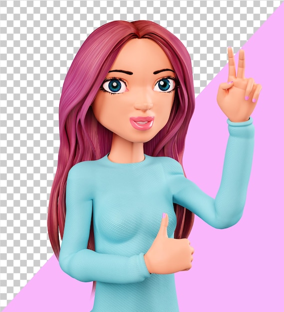 PSD divertido personaje en 3d, mostrando los pulgares para arriba. retrato de una mujer 3d alegre que muestra el signo de los dedos de la victoria.