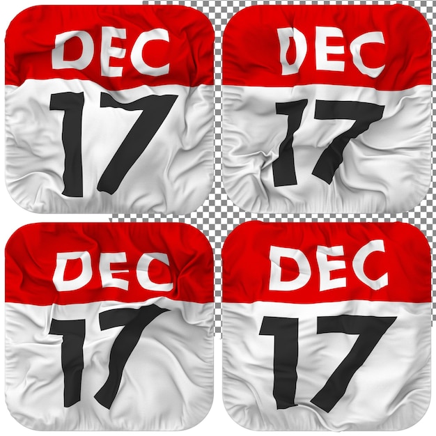 Dix-septième 17 décembre Date Calendrier Icône Isolé Quatre Style d'Ondulation Texture Bosse Rendu 3D