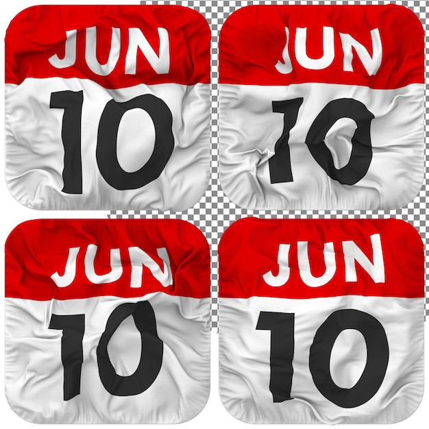 Dixième 10 juin Icône de calendrier de date isolée Quatre texture de bosse de style ondulant rendu 3d