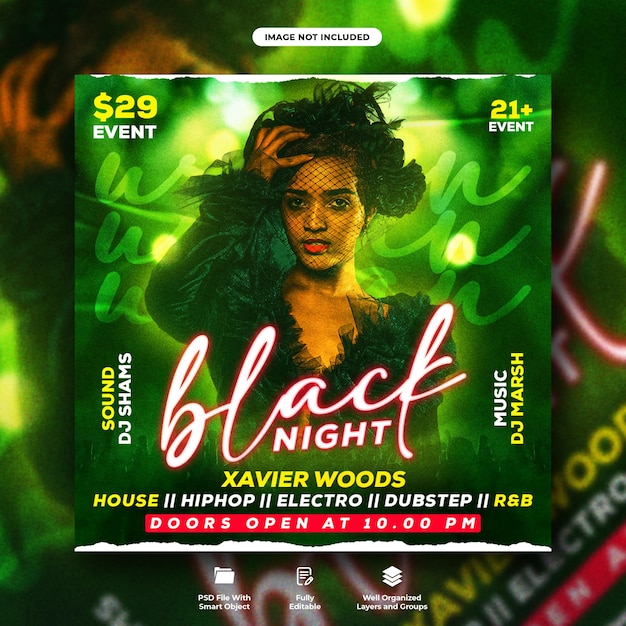 Dj club ladies black night party flyer und social media post vorlage