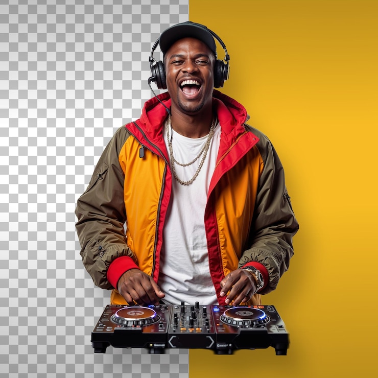 PSD dj emocionado en una chaqueta amarilla y roja mezclando música de fondo transparente