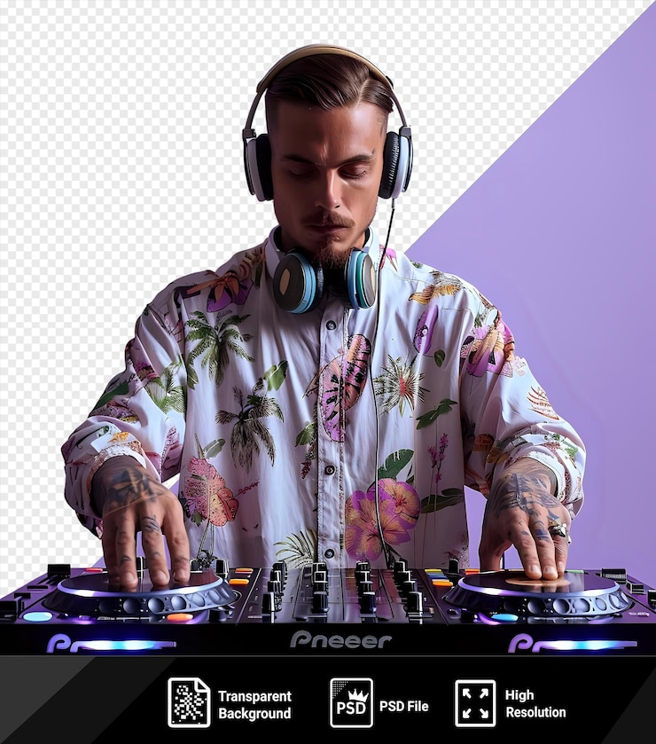 PSD dj énergique avec des écouteurs autour du cou dans une tenue de fête mélangeant sur un plateau tournant invisible png