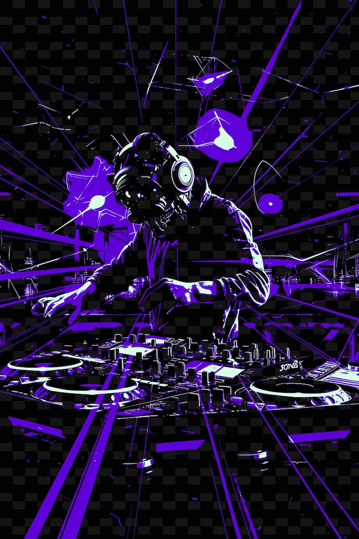 PSD dj in un club futuristico illuminato al neon con laser e robot post vector illustration music poster idea
