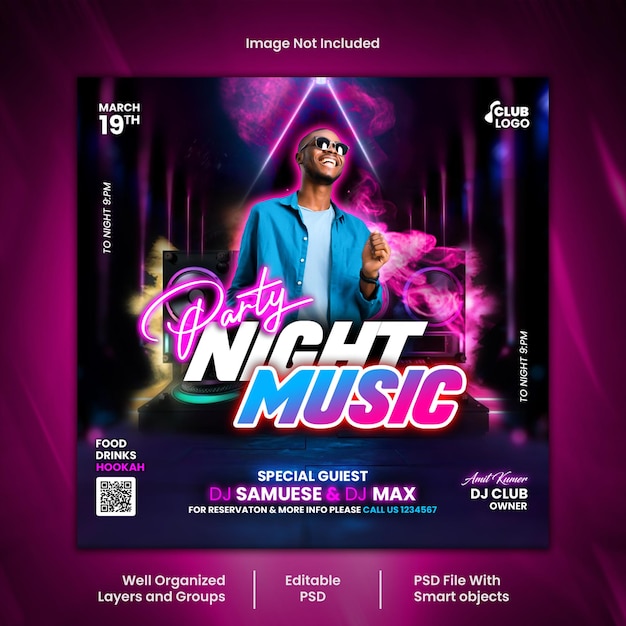 PSD dj night music party evento mídia social postagem no instagram modelo psd