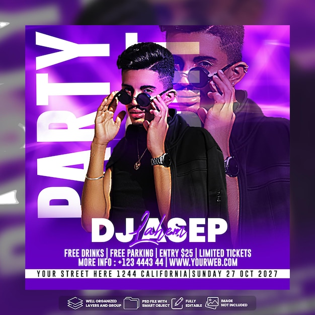 Dj party flyer vorlage für social-media-beiträge premium psd