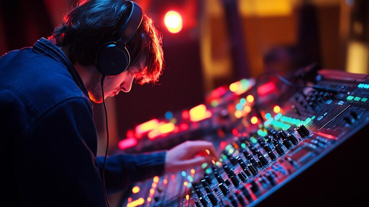 PSD dj working at mixing console in nightclub