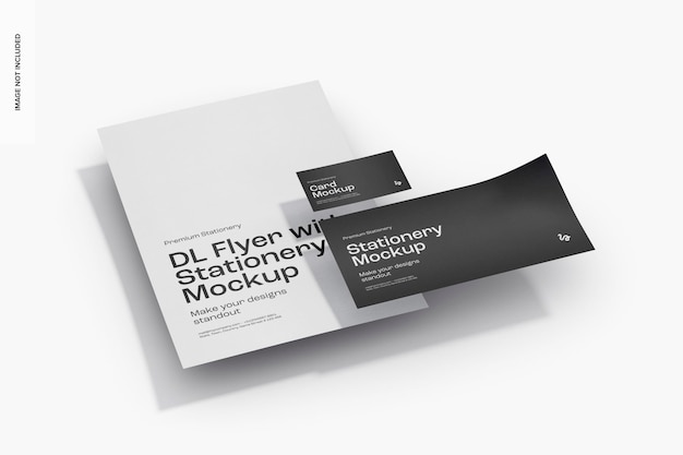 DL Flyer con mockup di cancelleria, vista a sinistra