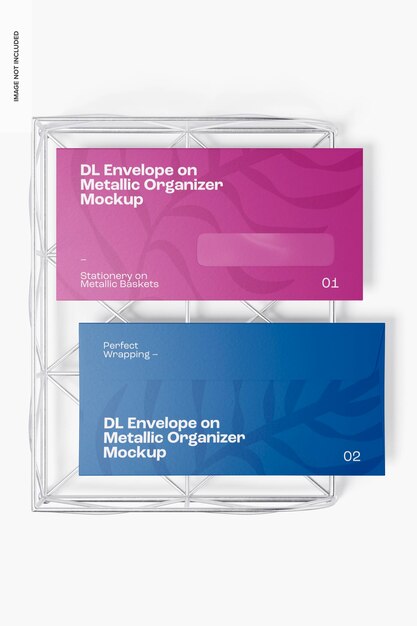 PSD dl-umschläge auf metallic organizer mockup, vorder- und rückansicht