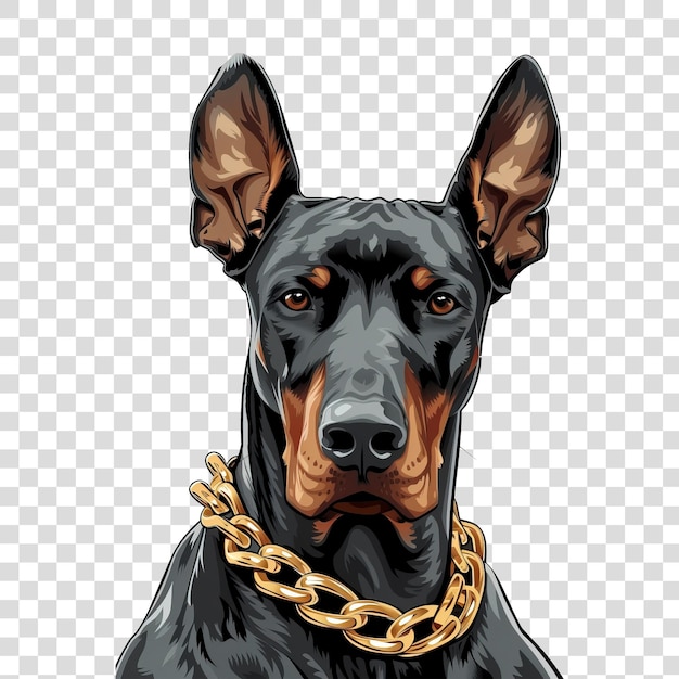 PSD doberman avec un collier de chien à chaîne d'or épais sur l'art vectoriel isolé sur un fond transparent png