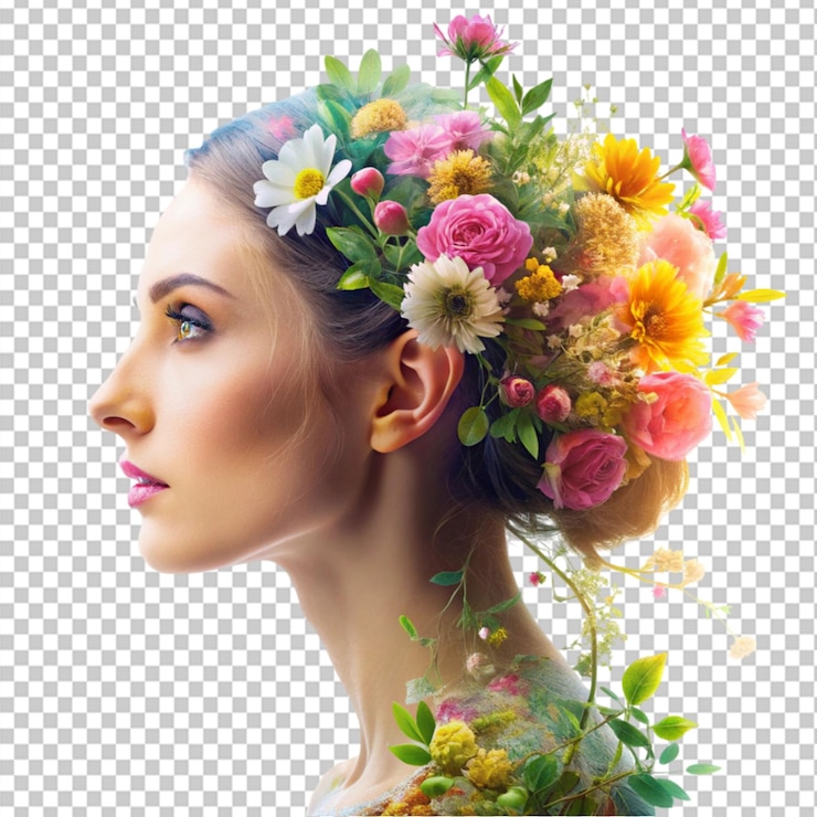 PSD doble exposición perfil de mujer y flores salud mental en fondo transparente
