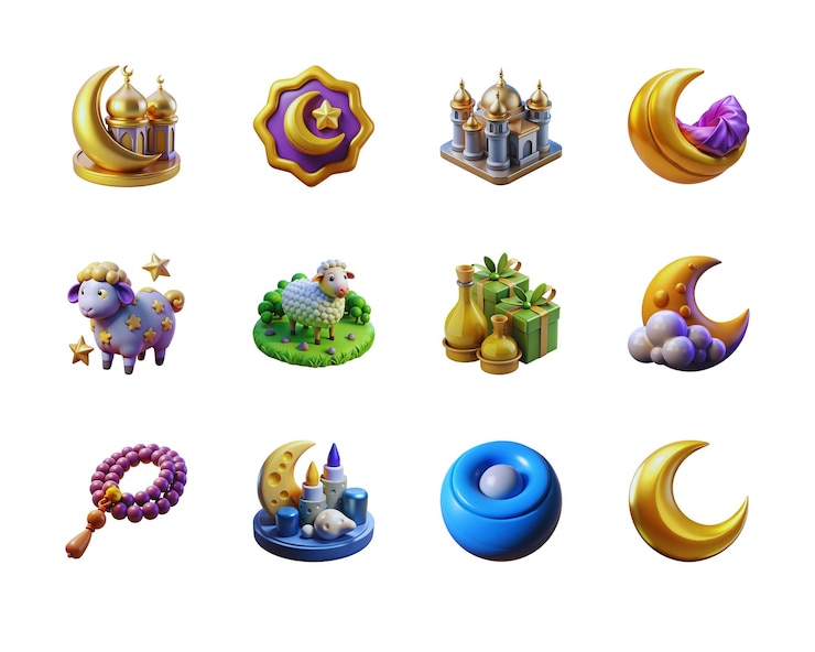 PSD doce iconos islámicos renderizados en 3d para las celebraciones del ramadán y eid al-fitr
