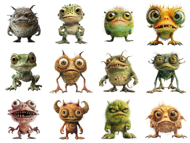 PSD doce monstruos de dibujos animados con diversas expresiones y características