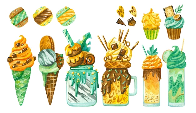 Doces, doces, aquarelas, ilustrações, milkshake, biscoitos, cupcakes, sorvete, marshmallow