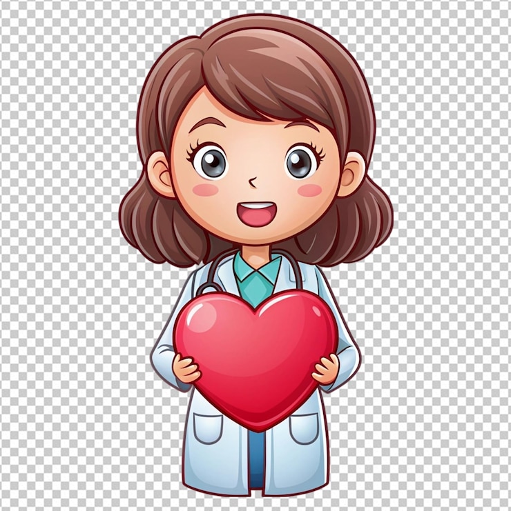 PSD docteur femme mignonne avec un cœur dessin animé illustré png