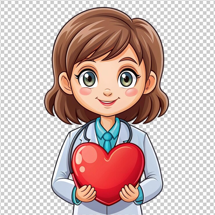 PSD docteur femme mignonne avec un cœur dessin animé illustré png