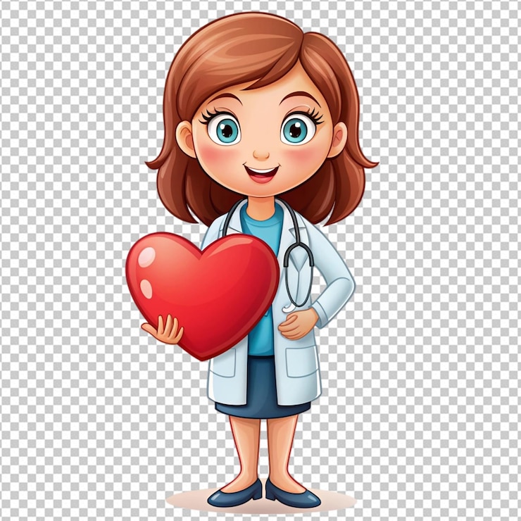 PSD docteur femme mignonne avec un cœur dessin animé illustré png