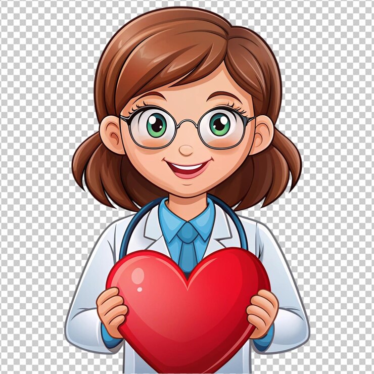 PSD docteur femme mignonne avec un cœur dessin animé illustré png
