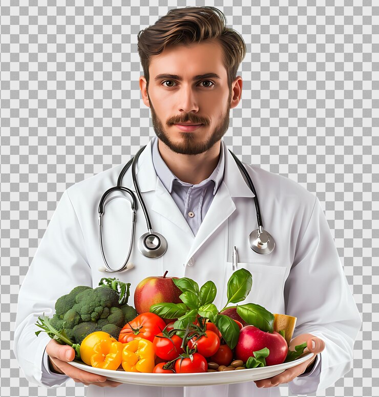 PSD docteur masculin tenant une assiette de fruits et légumes frais sur un fond transparent