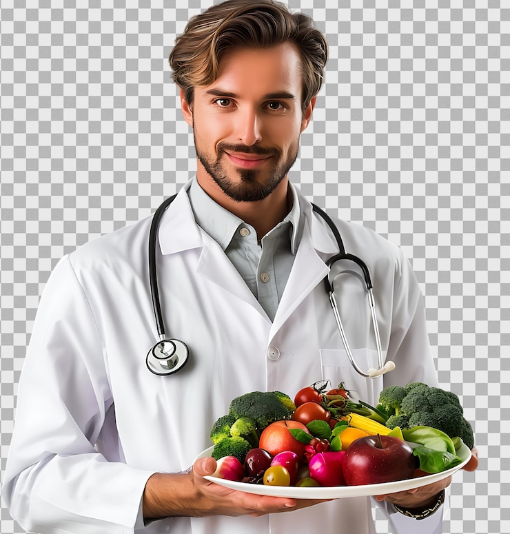 PSD docteur masculin tenant une assiette de fruits et légumes frais sur un fond transparent